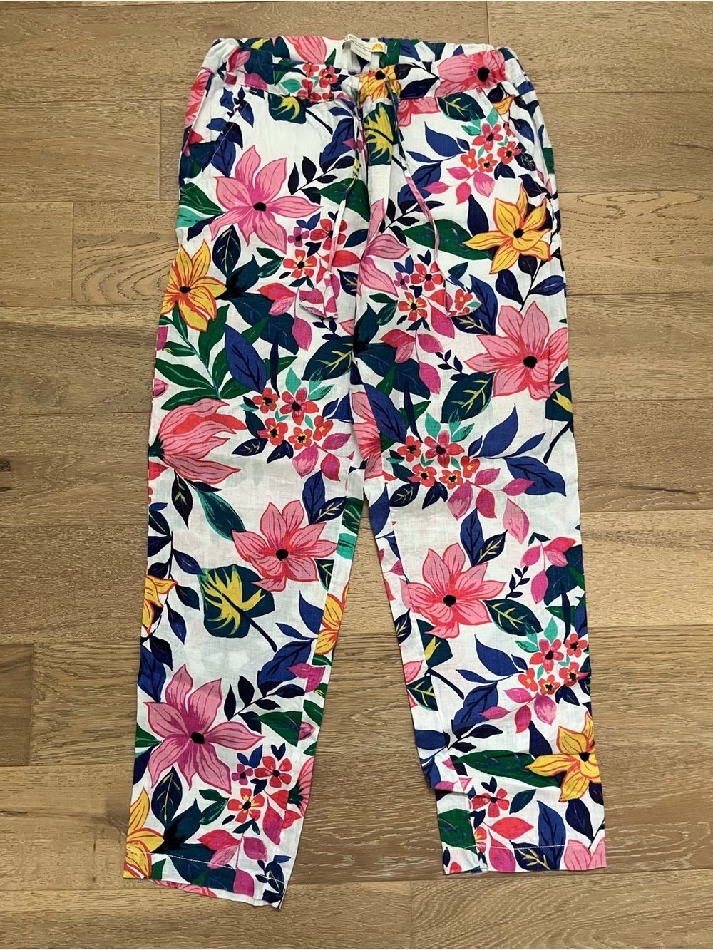 C&C California White Floral Linen Drawstring Pants with Pink, Yellow & Navy